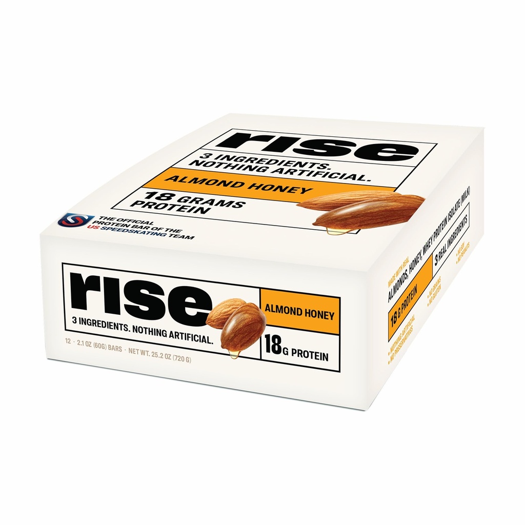 Śniadanie Rise Beey Protein Bars Miód migdałowy, 18g Protein, 2,01 oz (12 opakowań)