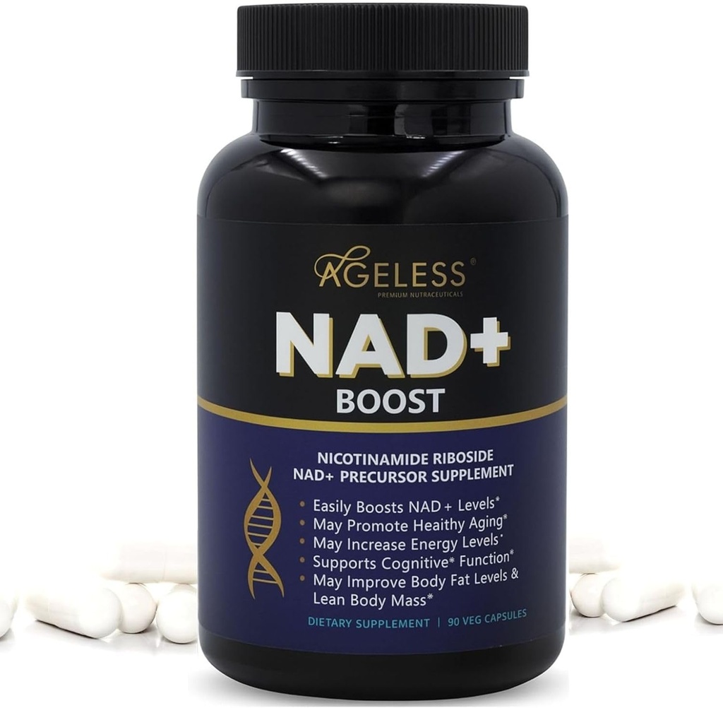 Ageless NAD + Suplementy dla kobiet i mężczyzn 124; 300 mg Nikotynamid Chlorek rybozydowy 124; Suplement dietetyczny dla anty-starzenia się 124; Wspomaga energię, Focus, Stamina, Metabolizm tłuszczu i funkcje kognitywne - 90 Kapsułki