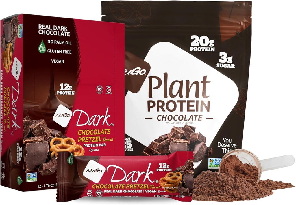 NuGo Dark Chocolate Pretzel w / SS, 12g Wegan Protein, Gluten Free, Kosher Pareve, Non-GMO, 12 Licznik i NuGo Plant Protein Powder, Czekolada, 20 g Protein, 3 g Cukier, 25 Służenie