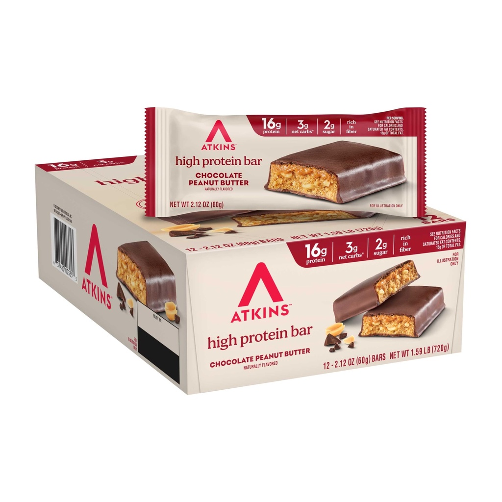 Atkins Czekoladowy Masło orzechowe Protein Meal Bar, Wysoki Fiber, 16 g Białko, niski cukier, 3g Węgiel netto, niski Carb, Keto Friendly, 12 Hrabia