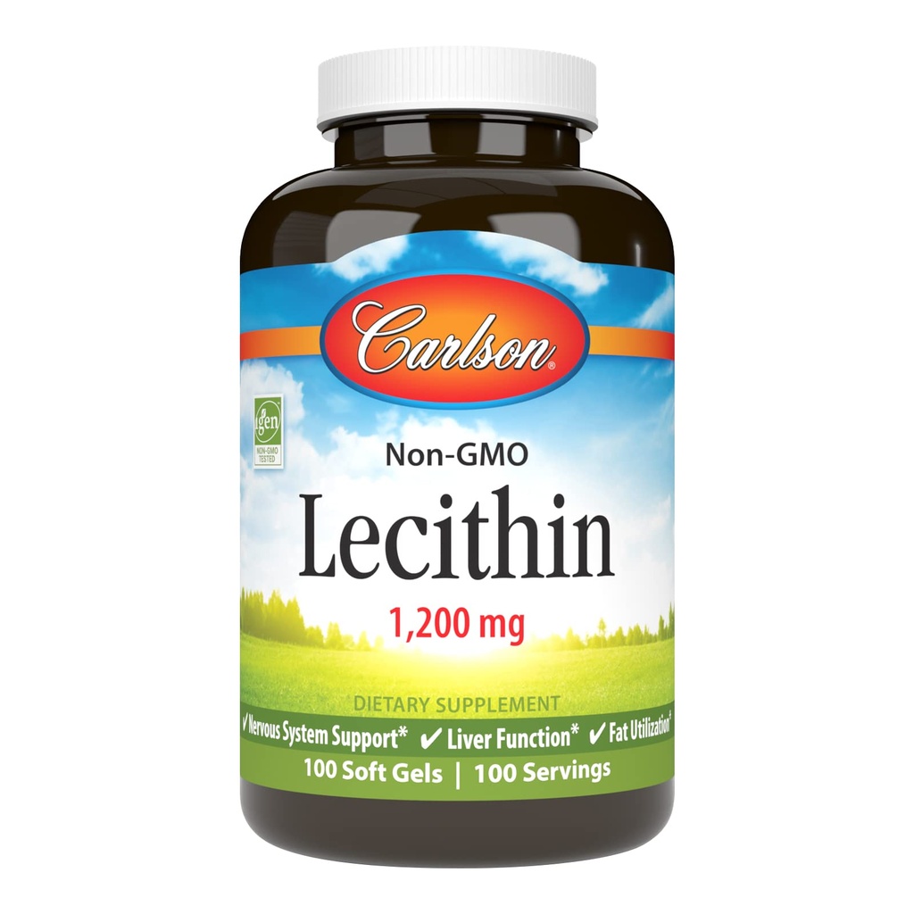Carlson - Lecytyna, Non-GMO, 1200 mg, funkcje układu nerwowego i wątroby, niebielona lecytyna sojowa, 100 Softgeli