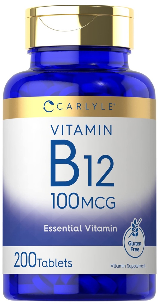 Carlyle Witamina B12 100mcg Witamina 124; 200 Tabletki Witamina 124; Zasadniczy suplement Witaminy Suplement 124; Wegan, Non-GMO, i Gluten Free Formuła