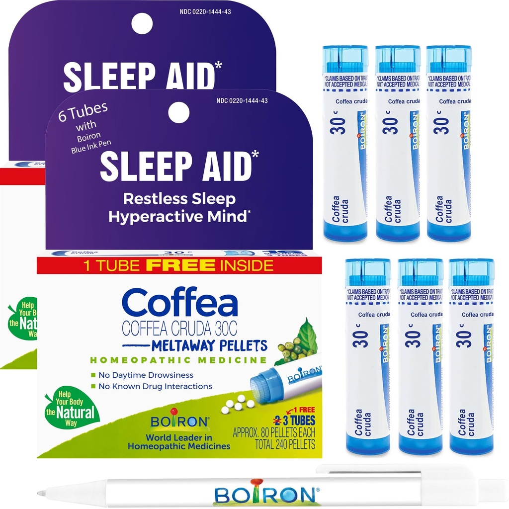 Boiron Coffea Cruda 30C - 6 Total Blue Tubes - Homeopatyczna pomoc na sen niespokojny, nadczynność psychiczna, myśli wyścigowe i trudności w spaniu z niebieskim atramentem Pen
