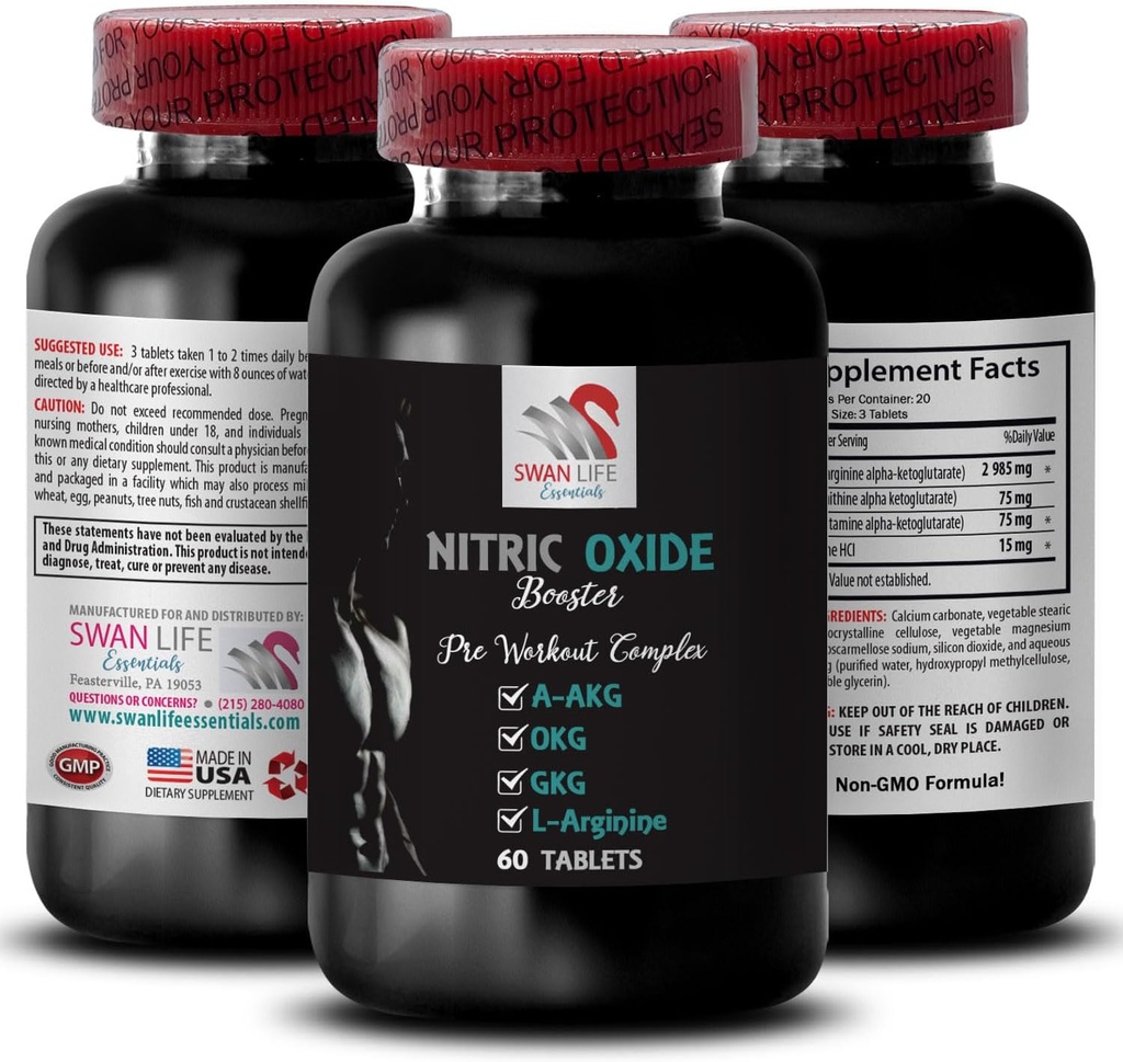 A- AKG - NITRIC OXIDE BOOSTER - suplementy tlenku azotu dla mężczyzn, energia ćwiczeń, moc pompy, formuła fitness, wytrzymałość formuła, skoncentrowanie wydajności, mieszanka energii, zwiększenie mocy 1 Butelka 60 Tabletki