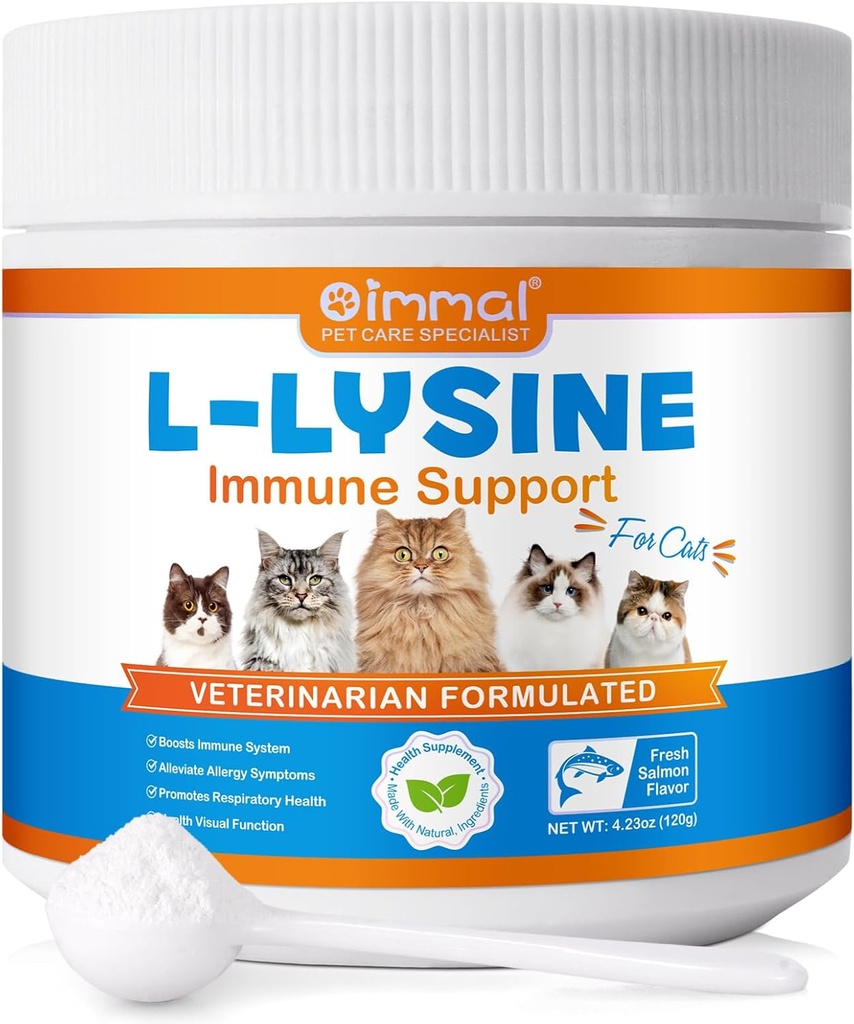 L- Lysine Proszek dla kotów, Suplement Lysine dla kotów, Wsparcie układu immunologicznego, Zdrowie układu oddechowego i funkcji wizualnej i ulgi alergii, Zwierzęta domowe Zdrowie Dostawy Multivitamin, Łosoś Flavor - 4.23 oz / 120g