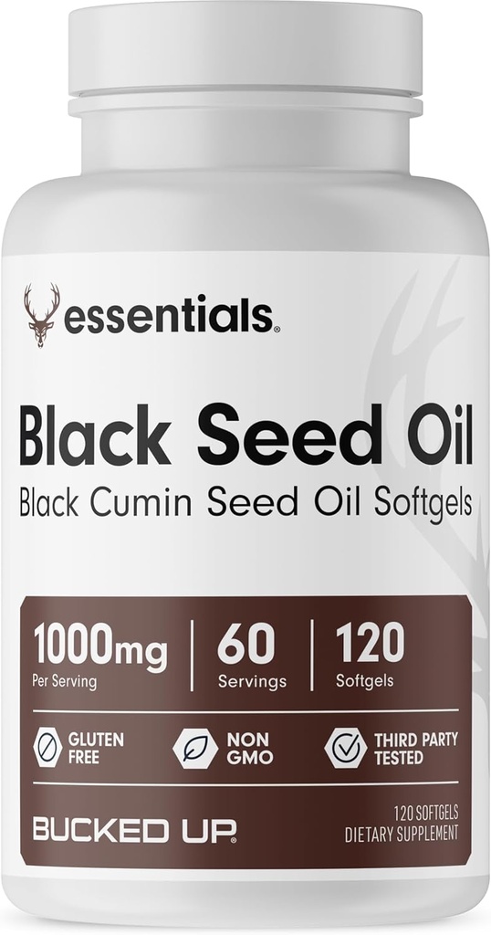 Bucked Up Black Seed Oil 1000mg Per Serving (Black Cmin Seed Oil) Essentials (60 Służenia, 120 Softgels)