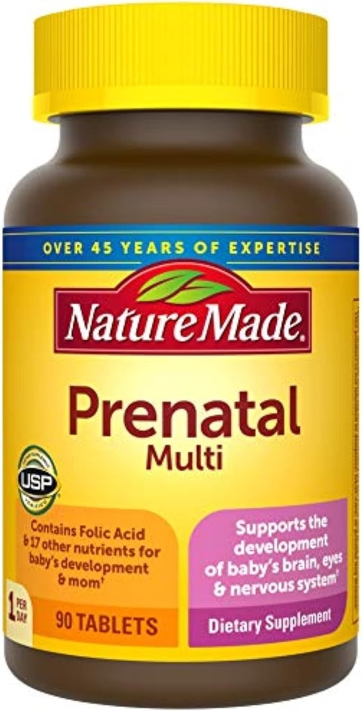 Nature Made Prenatal Multi, 90 Tabletki, Kwas foliowy + 17 Witaminy prenatalne i minerały do wspierania rozwoju dziecka i Mama, Witamina D3, Wapnia, Żelazko, Jod, Witamina C i więcej (Opakowanie 3)