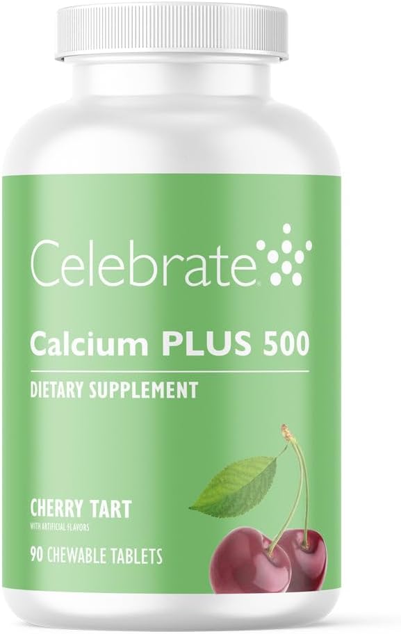 Świętuj Witaminy Wapnia Plus - 500 mg Wapnia Cytrynian, 333 IU Witamina D3 i 34 mg Magnez do chirurgii pobarierowej - Bez glutenu i bez cukru - Cherry, 90 Tabletki do żucia