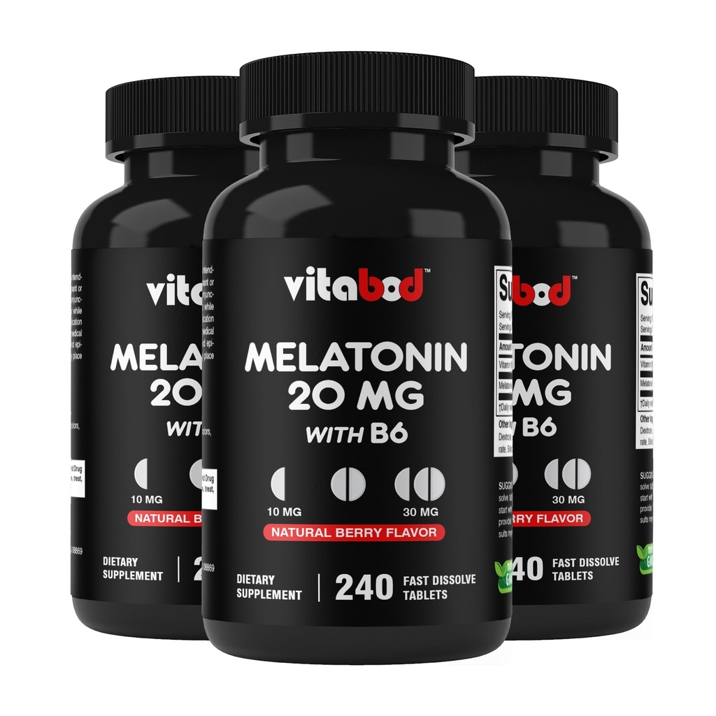 Melatonina 20 mg - 240 szybko rozpuszczonych tabletek - bez narkotyków - Natural Berry Flavor - Wegetarianin, Non-GMO, Gluten Free 240 Count (Pack of 3)