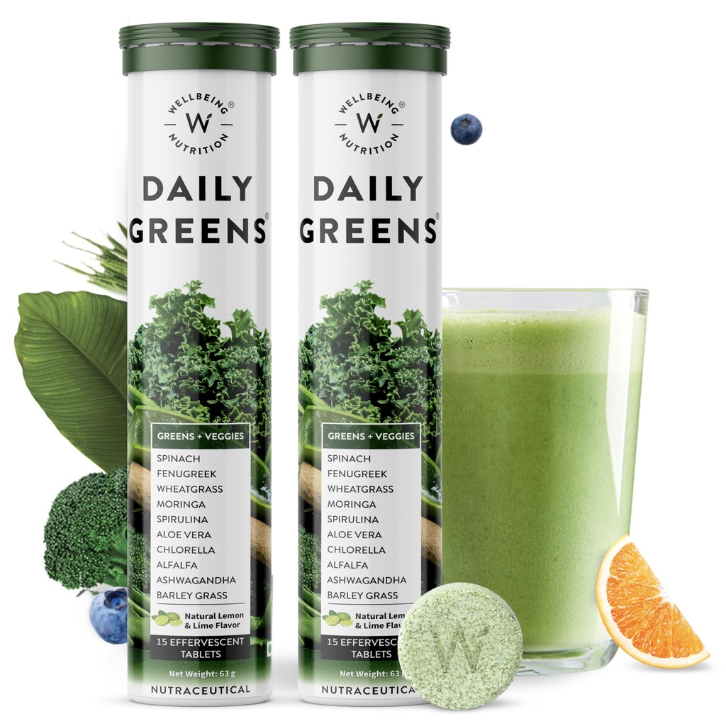 WELLBEING NUTRITION Daily Greens, Wholefood Multivitamin z witaminą C, Cynk, B6, B12 dla odporności i detox z 39 + Organic Certified Plant Superfoods & Antioksydants (15Tabs x 2) (63 g (Pack of 2))