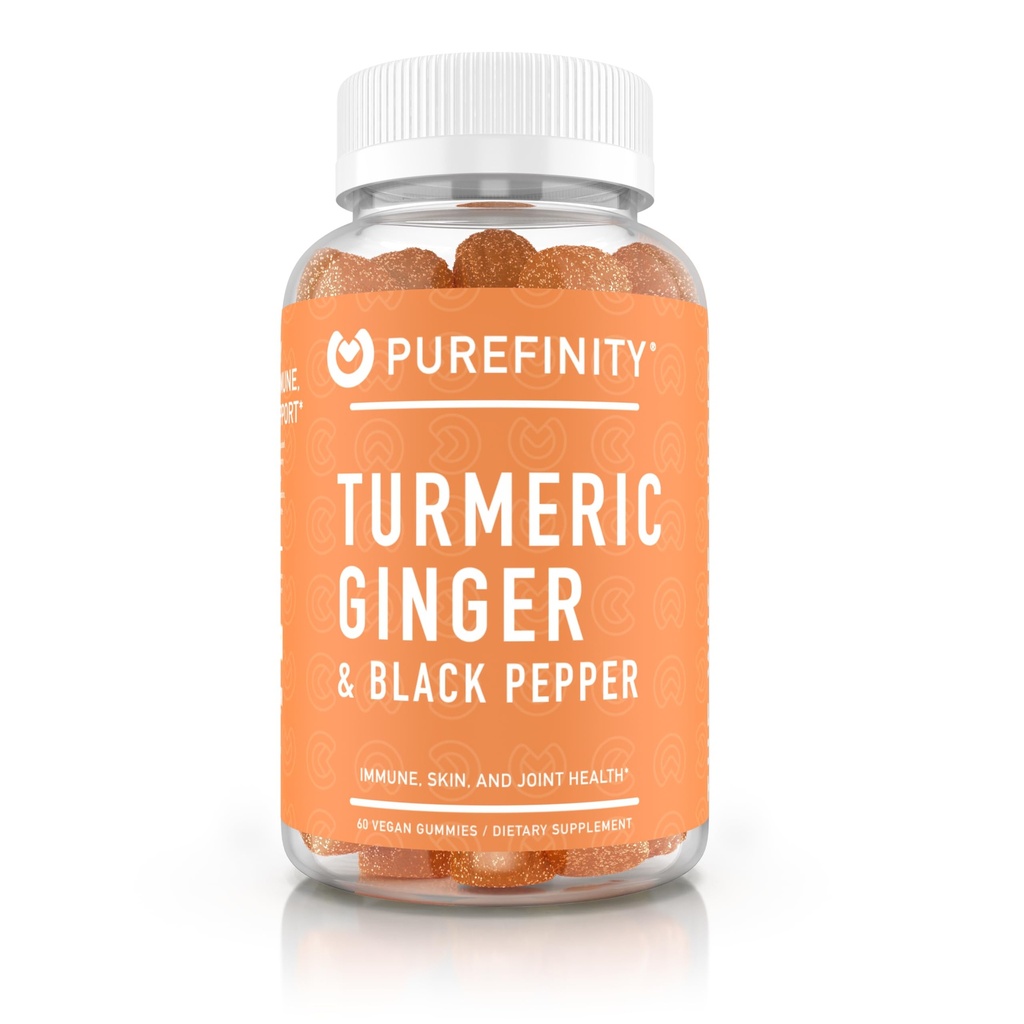 PUREFINITY Turmeric i Ginger Supplement Gummies z Black Pepper, Joint Support Curcumin Chewables z pysznym smakiem - Gluten Free, Non-GMO, Wegan, 60 Count