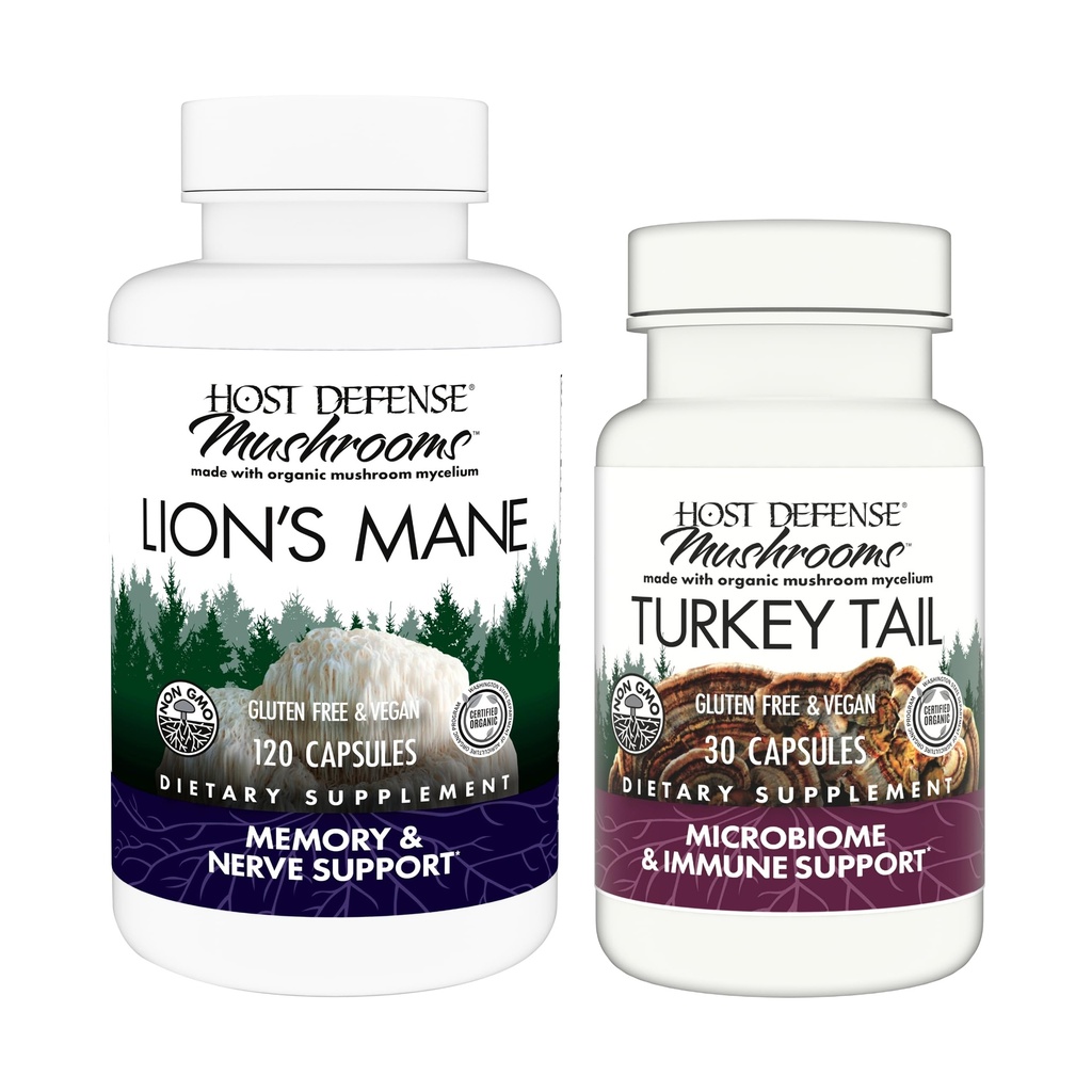 Host Defense Bundle z Lion 's Mane Kapsułki, 120 Count & Turkey Tail Kapsułki, 30 Count - Wsparcie zdrowia mózgu, Pamięć i Focus - Wsparcie Digestive & Immune Health *