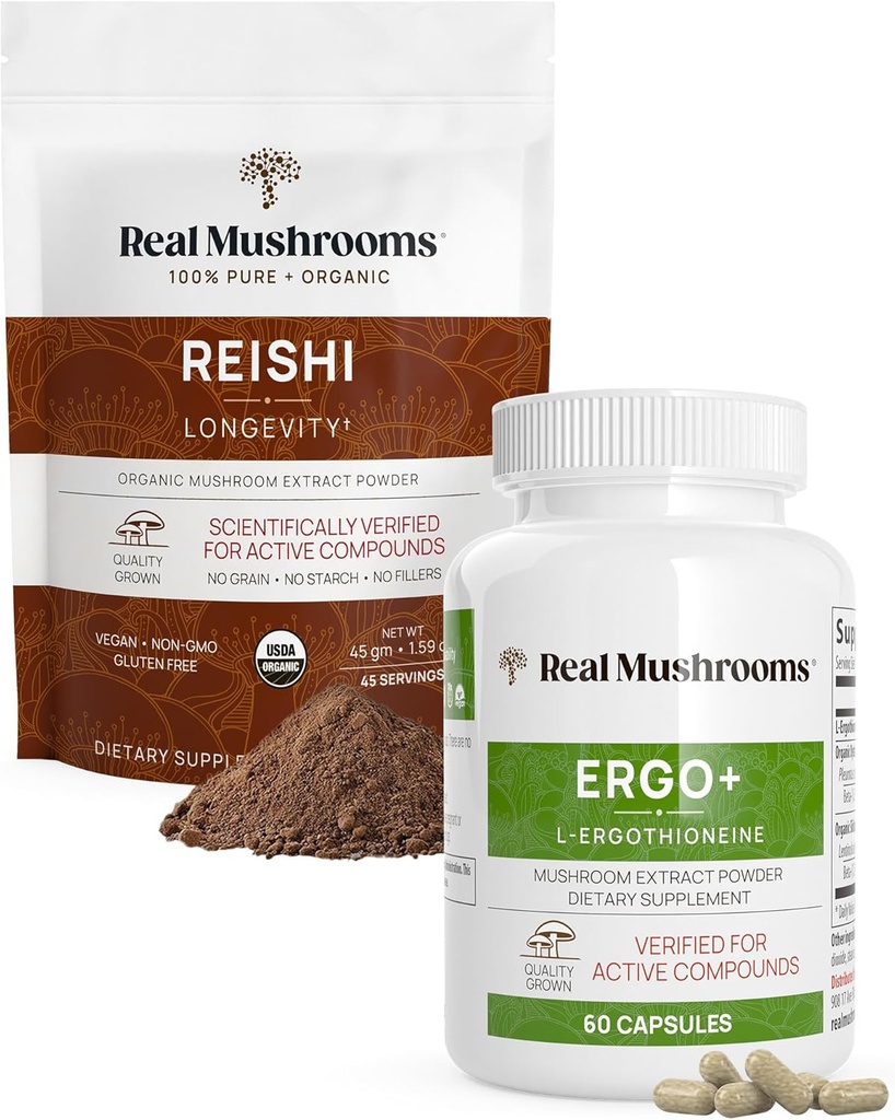 Prawdziwe grzyby Ergotioneine (60ct) i Reishi Organic Powder (45 Servings) Paleta z Shiitake i Oyster Mushroom Extracts - długowieczność i relaks -Vegan, Gluten Free, Non-GMO