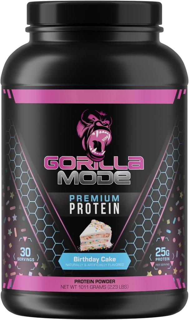 Goryl umysł Premium Serwatka Protein - Tort urodzinowy, 25 Gramy białka serwatki Isolate & Koncentrat, Odzyskiwanie i Budowanie mięśni (30 Sług)