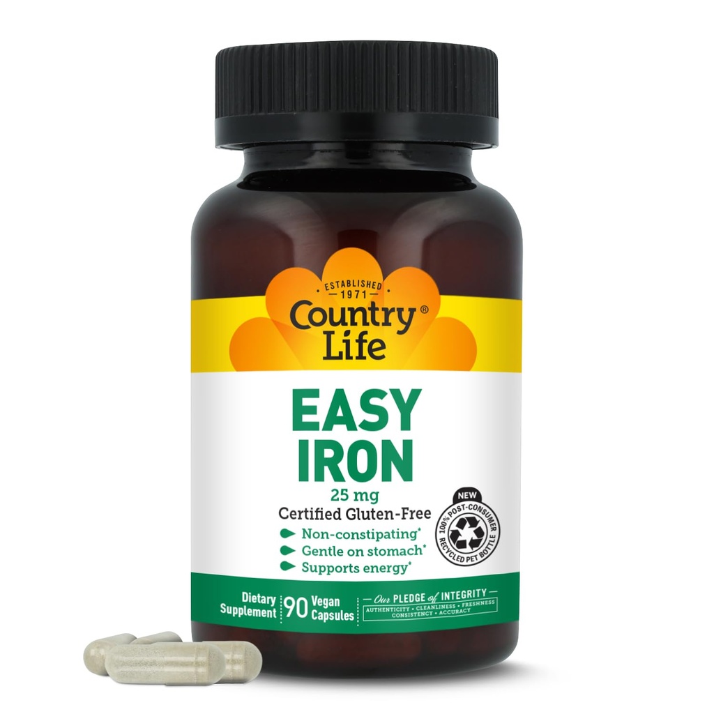 Country Life Easy Iron 25 mg | Gentle, Non-Constipating Iron Supplement | Supports Energy & Red Blood Cell Production | Certified Gluten-Free & Vegan | 90 Vegan Capsules