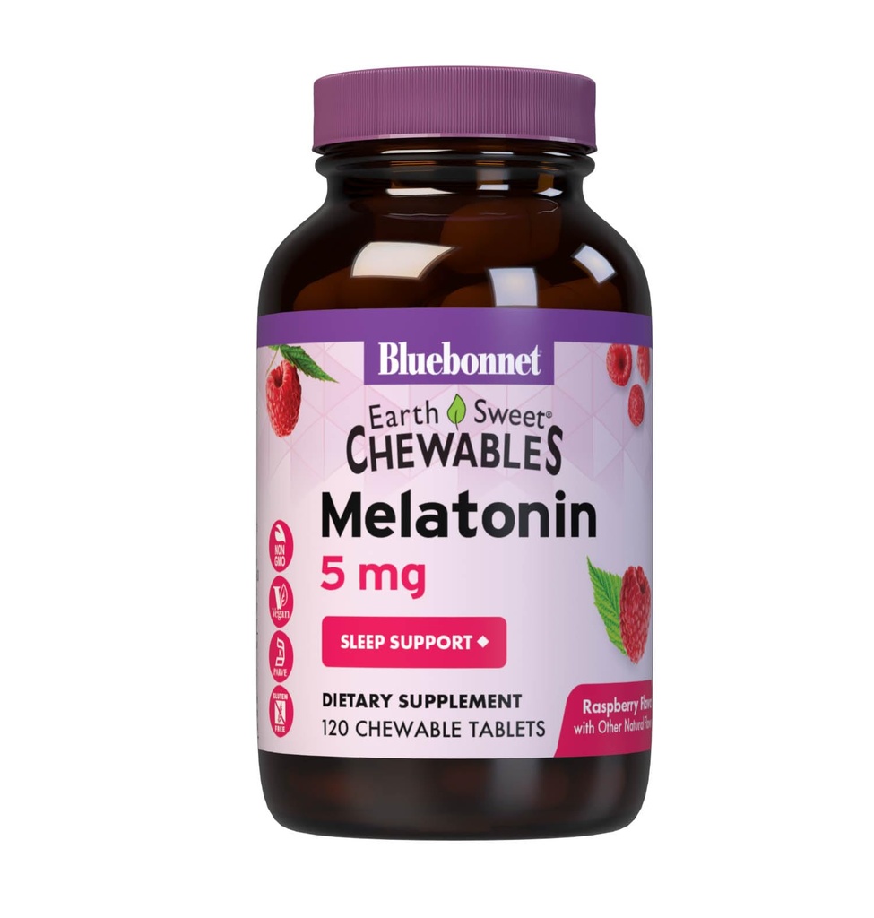 Bluebonnet Nutrition EarthSweet Melatonin 5 mg Szybkie szybkie rozpuszczanie relaksacji nocnej i Resteful Sleep Support - Pomoc na sen - Bez glutenu, Wegan - Smak malinowy - 120 Tabletki do żucia