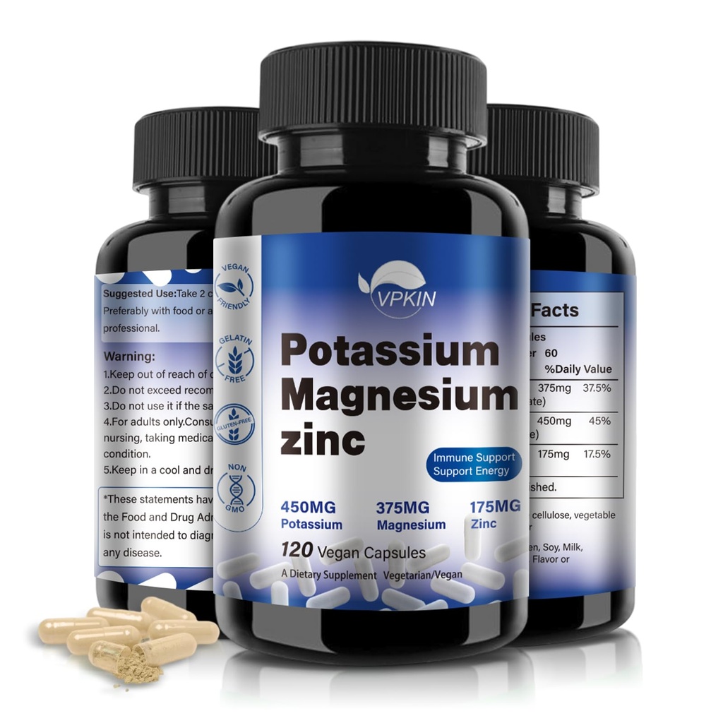 Suplement Magnezu Potasu 1000mg, Magnezu Cynk Aspartate Wsparcie naczyniowe, Kości, Serce, Mięśnie i Nerwy Zdrowie, Non-GMO, Wegan, (120 Kapsułki)