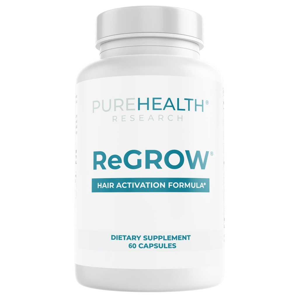 PUREHEALTH BADANIA NAUKOWE Regrow - Witaminy wzrostu włosów - z piłą Palmetto, Biotyna, Kolagen, Cynk, Żelazko, Jod, Selen i więcej - Suplementy do włosów dla kobiet i mężczyzn - 60 Kapsułki