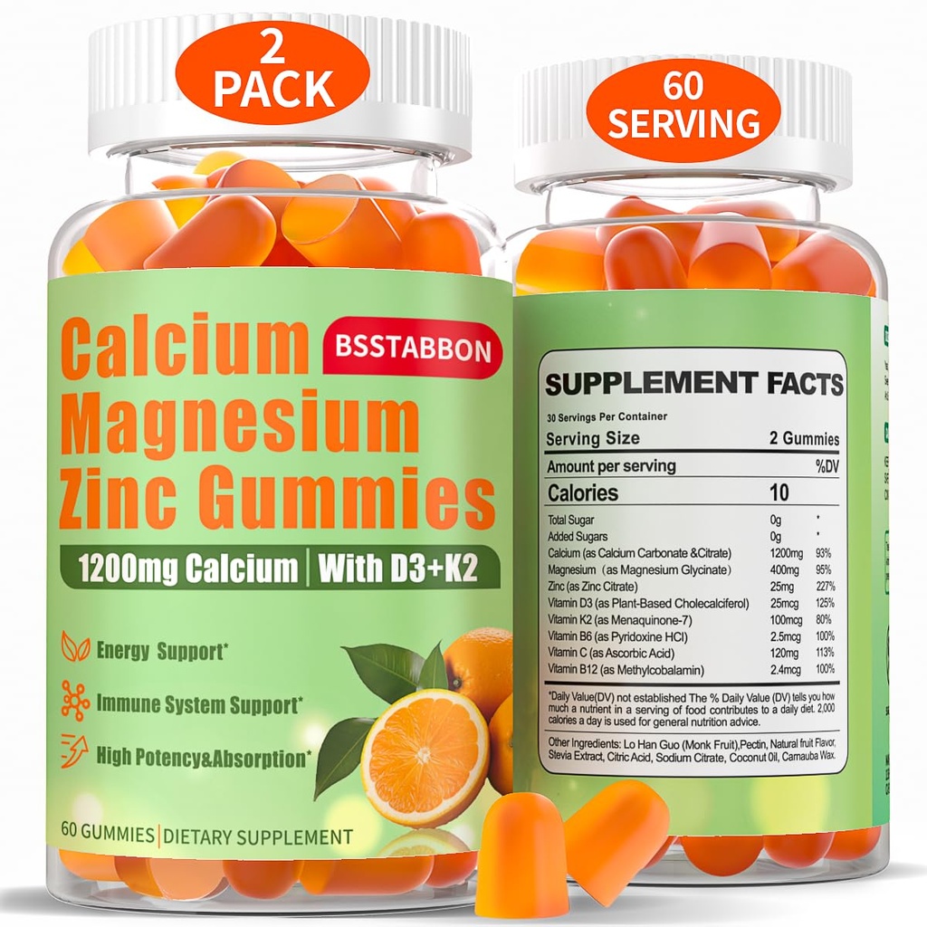 Cynk wapniowy Gummie dla dorosłych: 1200mg Cytrynian wapnia 400mg Glicynian magnezu z D3 B12 - Sugar Free High Absorption Supplement for Women Men (60 Count (Pack of 2))