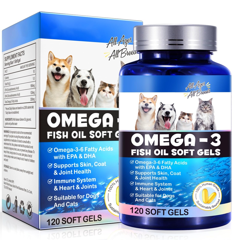 Omega-3 Olej rybny dla psów, Omega 3 Olej rybny z EPA i DHA wspiera psy Sezonowe alergie Relief, zwiększa funkcję immunologiczną, Itch skóry Relief & Promowanie zdrowia Coat, Suplementy dla zwierząt - 120 miękkie żele
