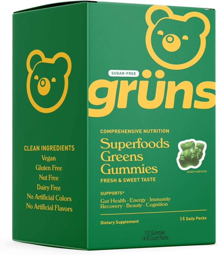 Gruns Sugar Free Super Greens Gummy Bears - Organic Spirulina and Chlorella, Prebiotics for Digestive Health, 20+ Vitamins and Minerals, Adaptogens - 14 sachets - 112 Gummies