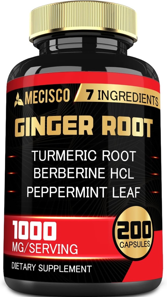 7- in-1 Ginger Root Supplement z kurkumin kurkuminy turmerowej, Berberine, Peppermint Leaf, Astragalus Root, Ceylon Cynamon, Burak Root - 200 Kapsułek