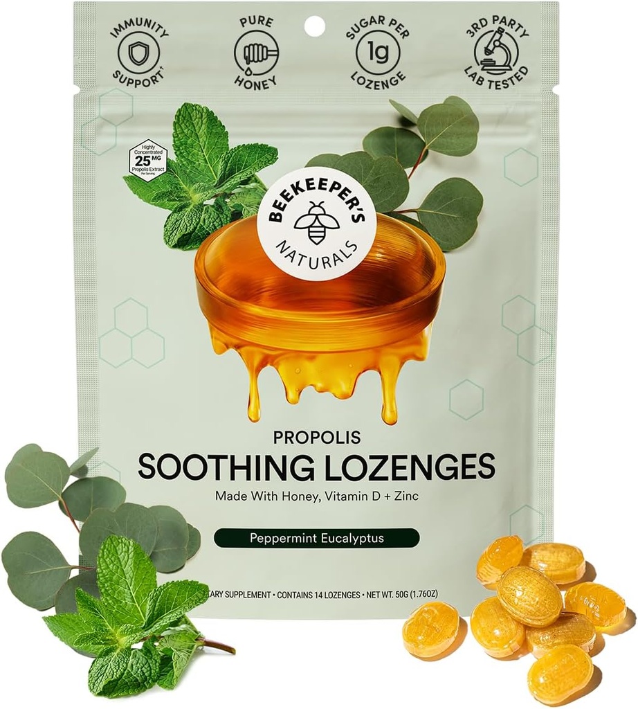 Naturals Beekeeper Kojąca mięta Eucalyptus Kapsułki, Wsparcie immunologiczne z witaminą D, Cynk i Propolis, Chłodzenie i Gardło Kojąca Lozenges, 14 Ct