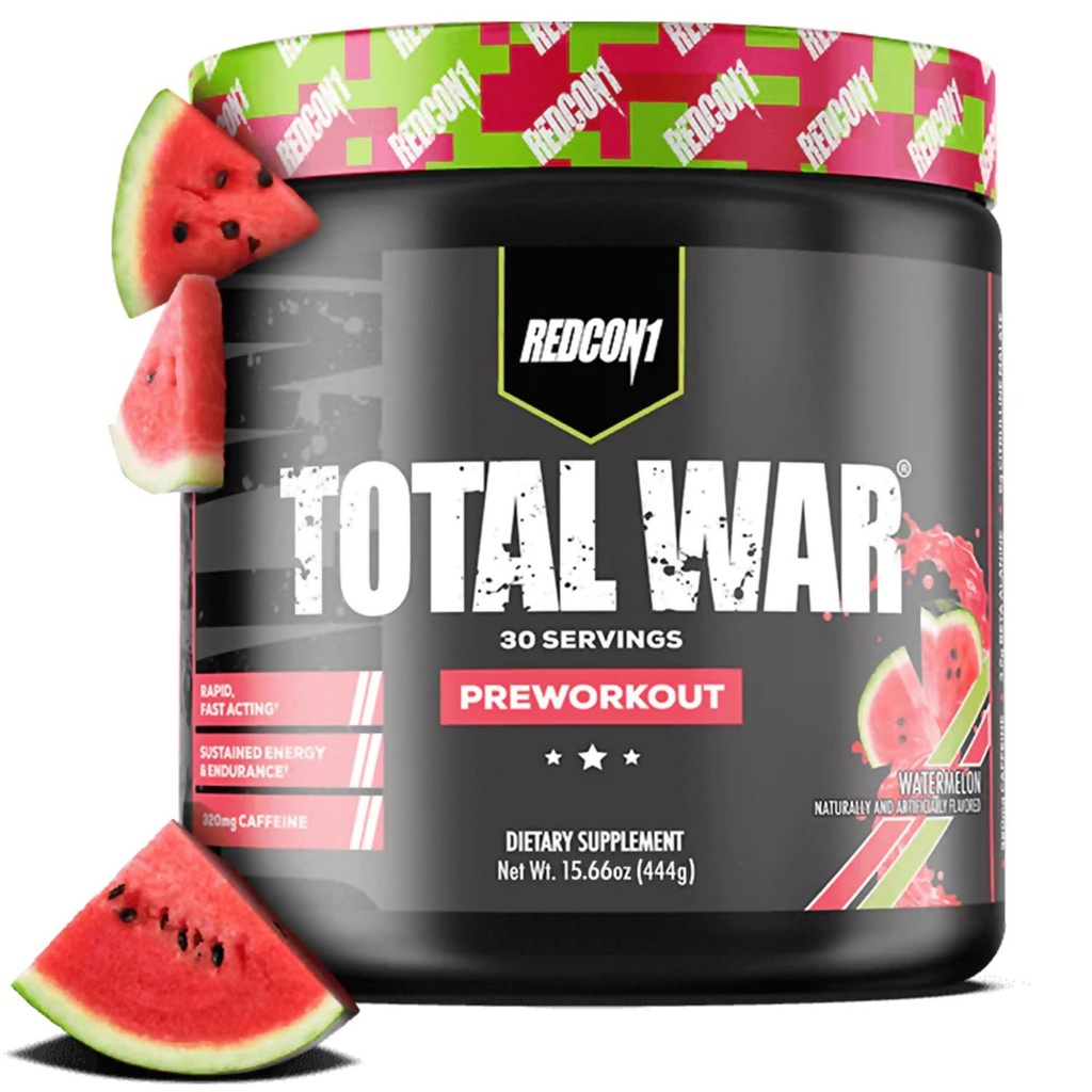 REDCON1 Total War pre Workout, Arbuz - L Citruline, Kwas jabłkowy, Green Tea Leaf Extract for Pomp Boosting pre Workout for Women & Men - 3.2g Beta Alanine to Reduct Exhaustion (30 Servings)