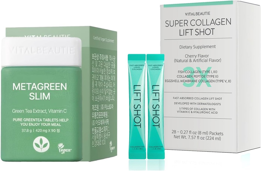 WŁOCHY BEAUTIE Metagreen Slim (Green Tea Extract, EGCG) 30 Słupki ciecz Collgen dla kobiet, Super Collagen Lift Shot