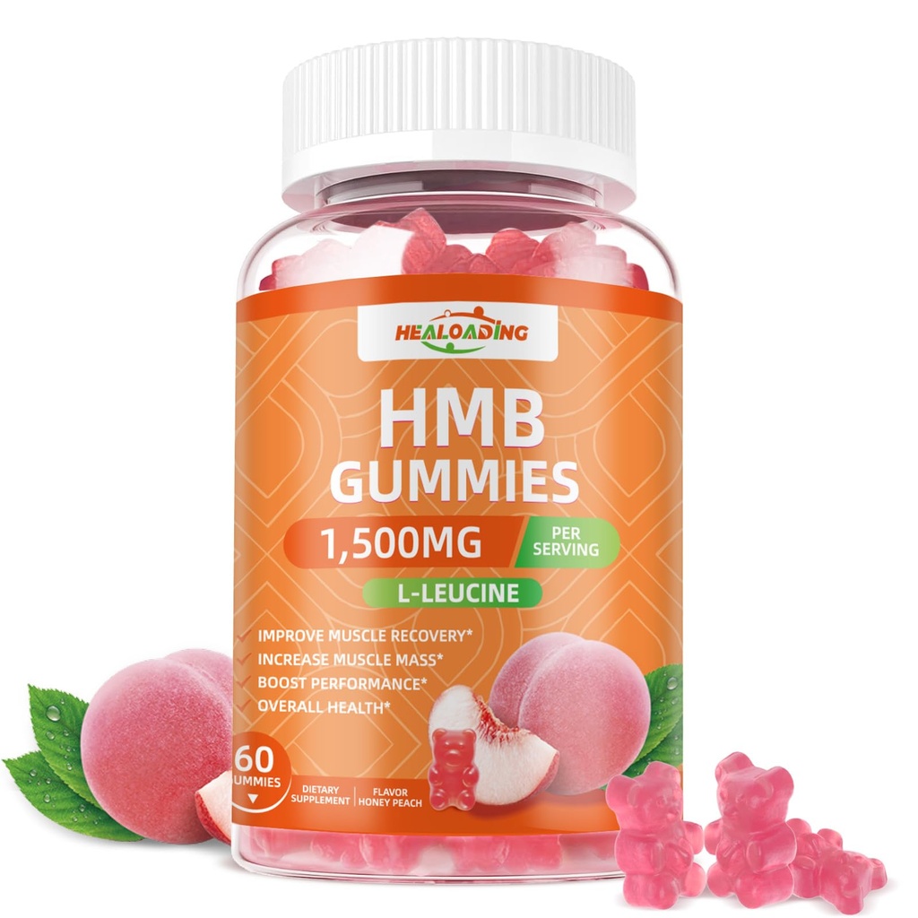 Suplement Gummies HMB i Leucine: Suplementy HMB dla mężczyzn 1500mg i Leucine Amino Acid dla Odzyskiwania Mięśnie Zwiększenie masy mięśniowej Poprawa Endurance Non-GMO Sugar Free Peach 60 Gummies