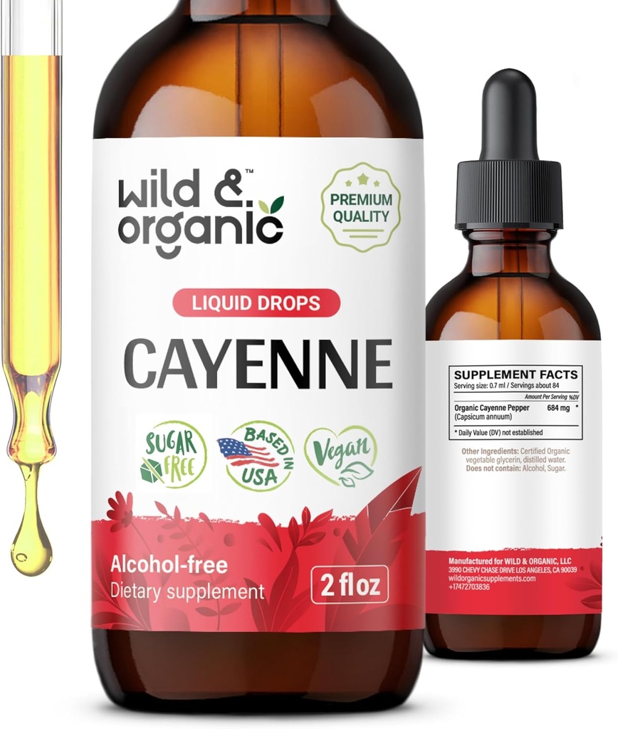 Wild & Organic Cayenne Pepper Tincture - Capsaicin Supplements for Digestive Support - Cayenne Pepper Extract Liquid - Vegan, Alcohol- Free Drops - 2 fl oz