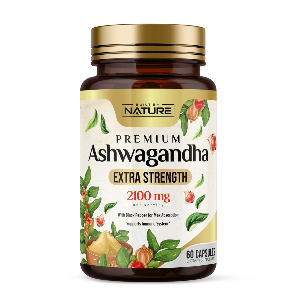 Wybudowany przez Nature Ashwagandha 2100mg Extra Stress Relief & Mood Support z Black Pepper Extract for Max Absorption - Non-GMO, Wegan, Gluten- Free - 60 kapsułki