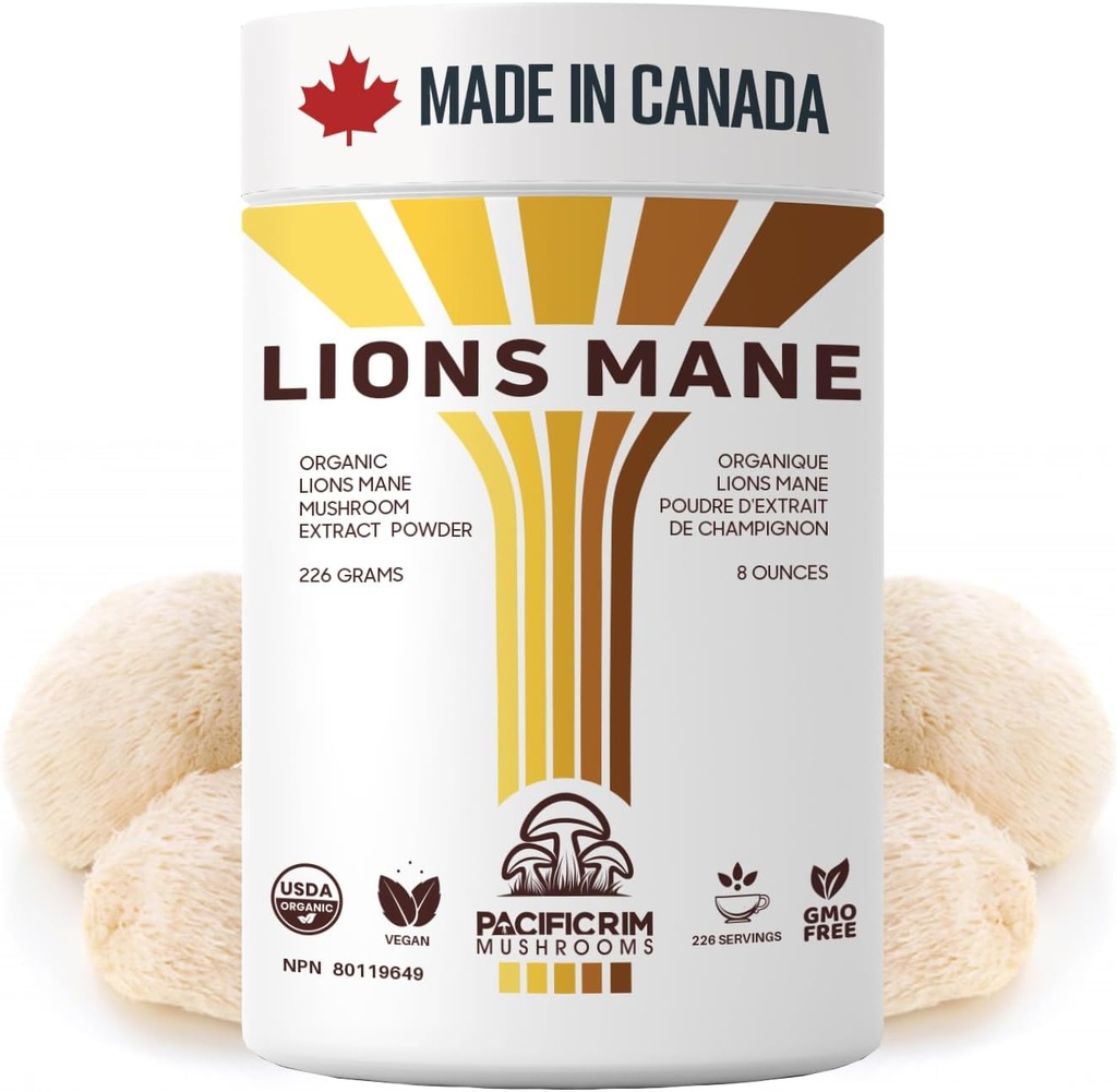 Lions Mane Supplement Powder Ultra Siła 10: 1 Organiczny Mushroom Mushroom Lions Wspierające Pamięć, Cognition, Zdrowie mózgu, 8 uncji / 226 Służenie