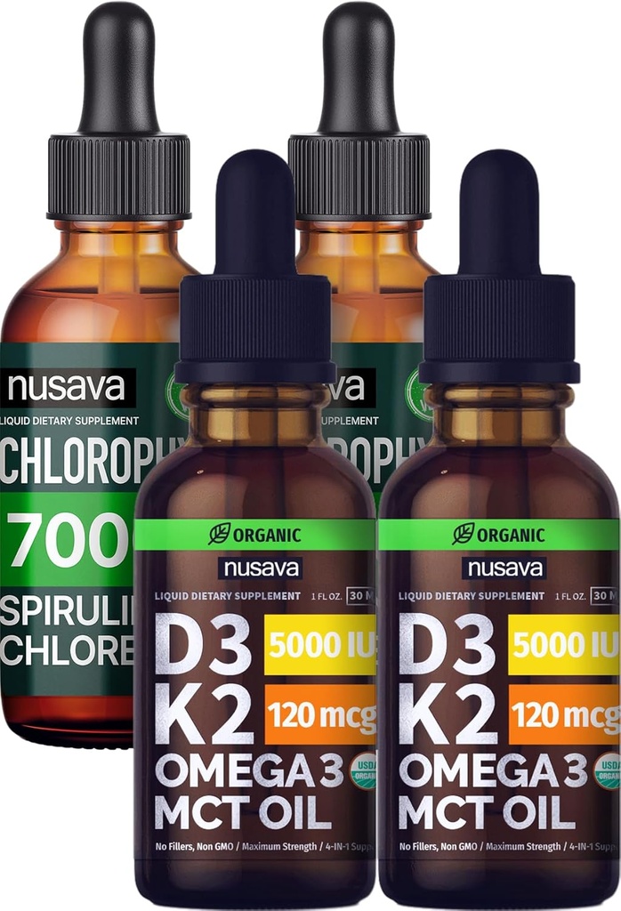 NUSAVA Unflavored D3 K2 Krople i Chlorophyll Płynne Krople - Pothent Liquid Vitamin for Heart, Joint, Energy, & Immune Support - Non-GMO, Gluten- Free, 2pk Każdy