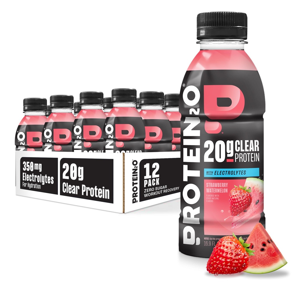 Napoje nawadniające protein2o - 2- in-1 Płynny, przezroczysty izolat białka serwatki i napój elektrolitowy - 20 g białka, witaminy B5, B6 - Post- Workout Recovery - 16.9 Fl Oz - 12 Hrabia Truskawkowy Arbuz