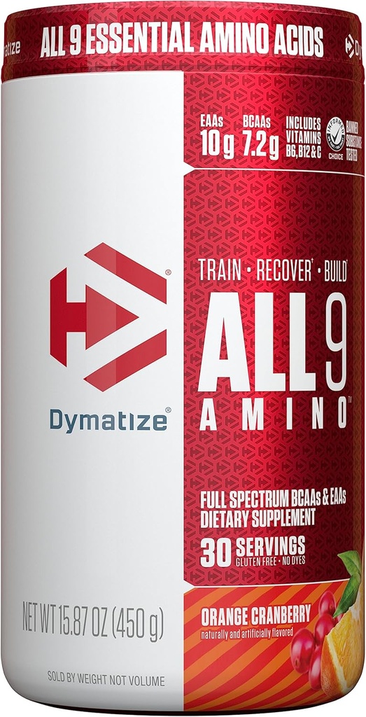Dymatize All9 Amino, 7.2g BCAA, 10g Esencjonalnych Acidów Amino na podawanie do odzysku i optymalnej syntezy białek mięśniowych, Żurawina pomarańczowa, 30 Sług, 15.87 unce