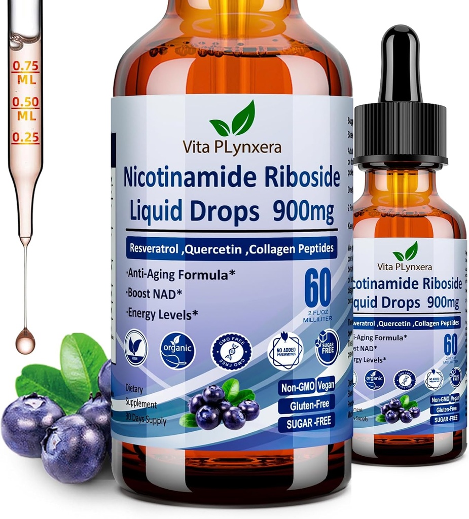 NAD Suplementy dla kobiet i mężczyzn, NAD Nikotynamid Ribozyd Resveratrol 900mg & Quercetin, Niacyna, Collagen, Biotin, Liquid NAD Plus Suplement NR900 Dla anty-starzejącej się energii skóry Długotrwałe Focus Brain