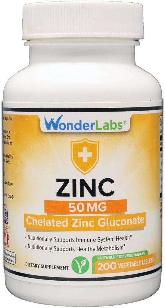 Wonder Laboratories Chelated Cynk Glukonian 50 mg - Wspiera zdrową skórę, system immunologiczny, wzrost komórek i więcej - 200 Tabletki wegetariańskie