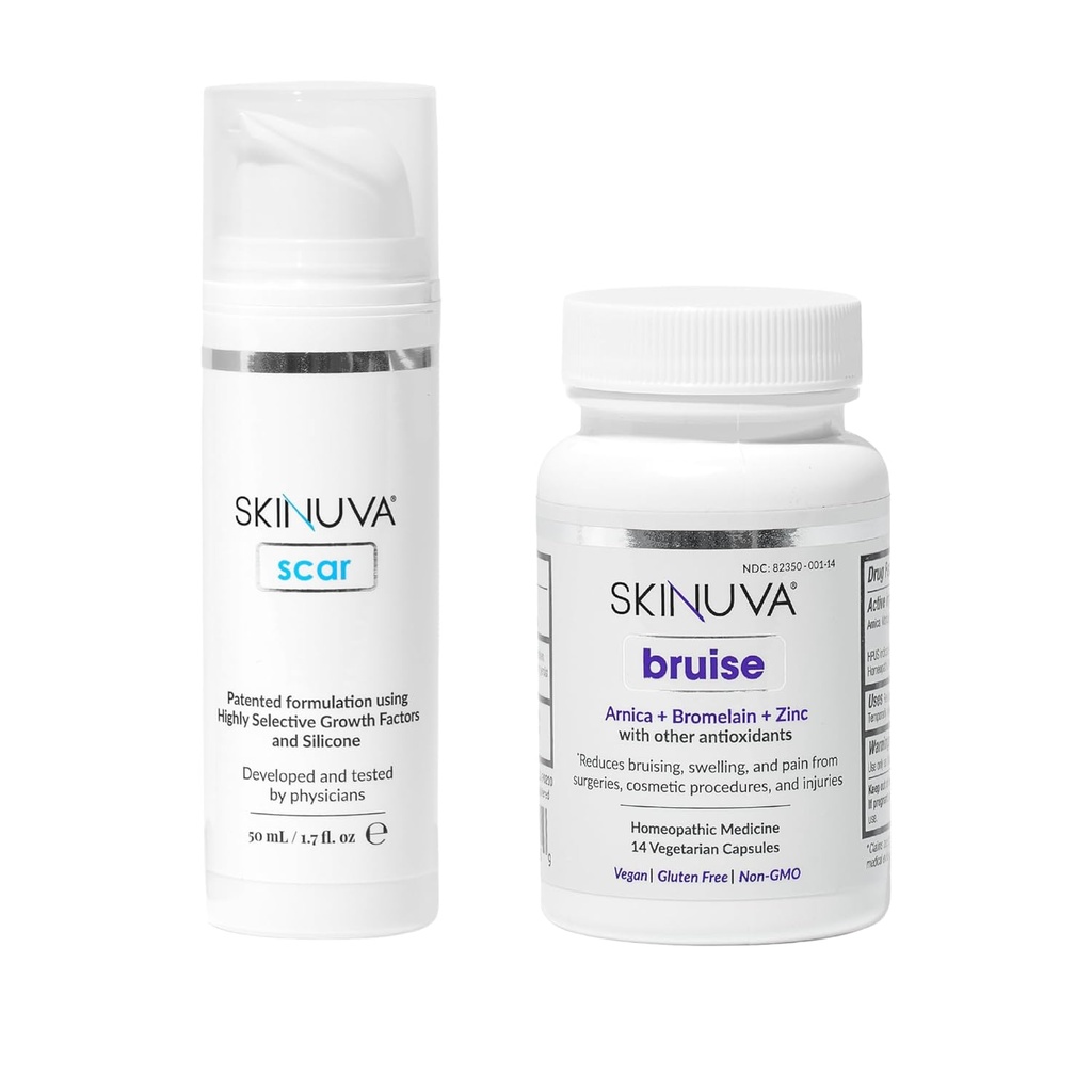 Skinuva ® Scar (1,7 oz) & Bruise (14 kapsułek) - Advanced Silicon Cream z czynnikami wzrostu i Homeopatic Bruise Remedy z Arnica, Bromelain & Zinc