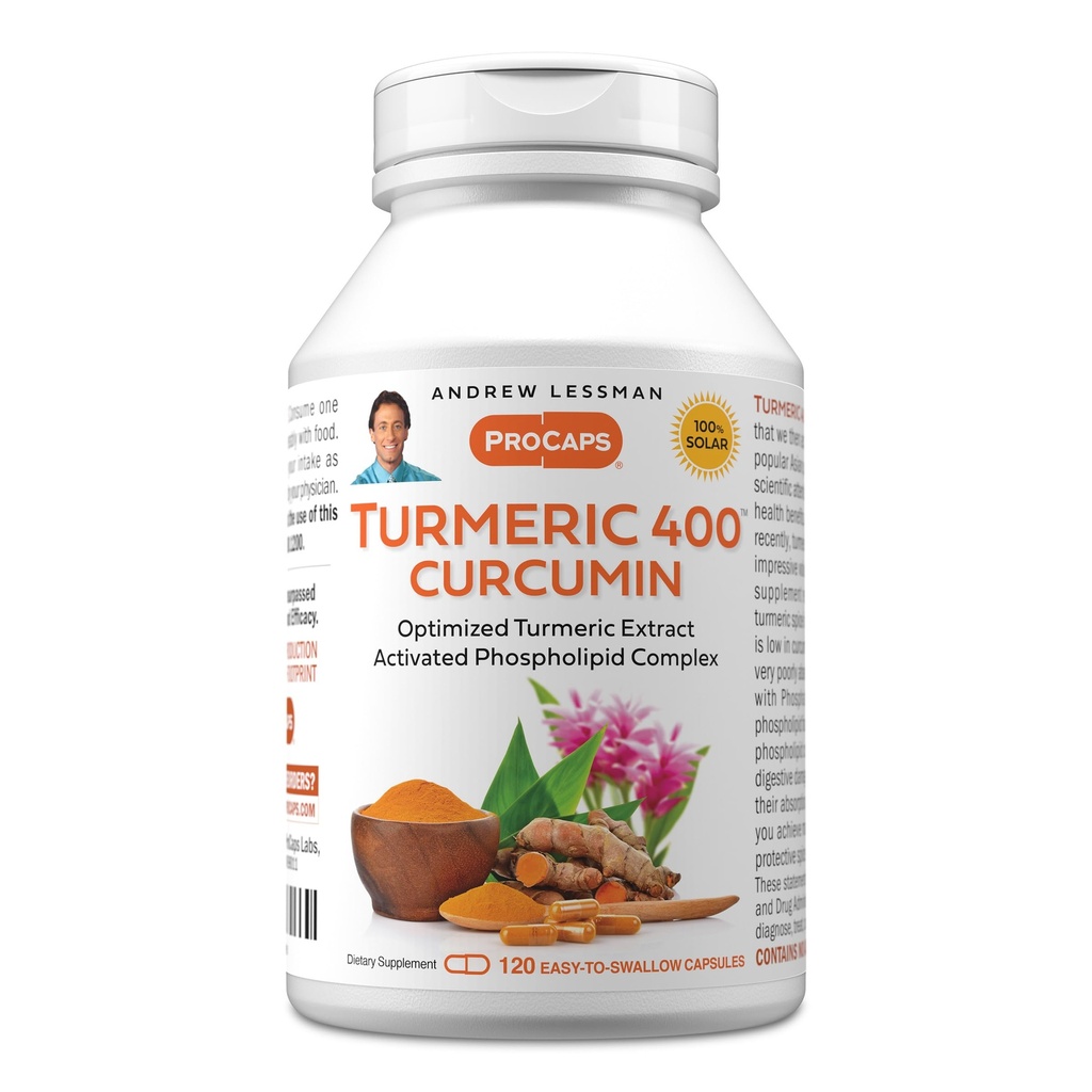 ANDREW LESSMAN Turmeric 400mg - 120 Kapsułek - 95% Kurkuminoidy jako kompleks fosfolipidów dla optymalnych korzyści i absorpcji, Wysoka moc Standaryzowany ekstrakt, Małe Łatwe do połykania kapsułki