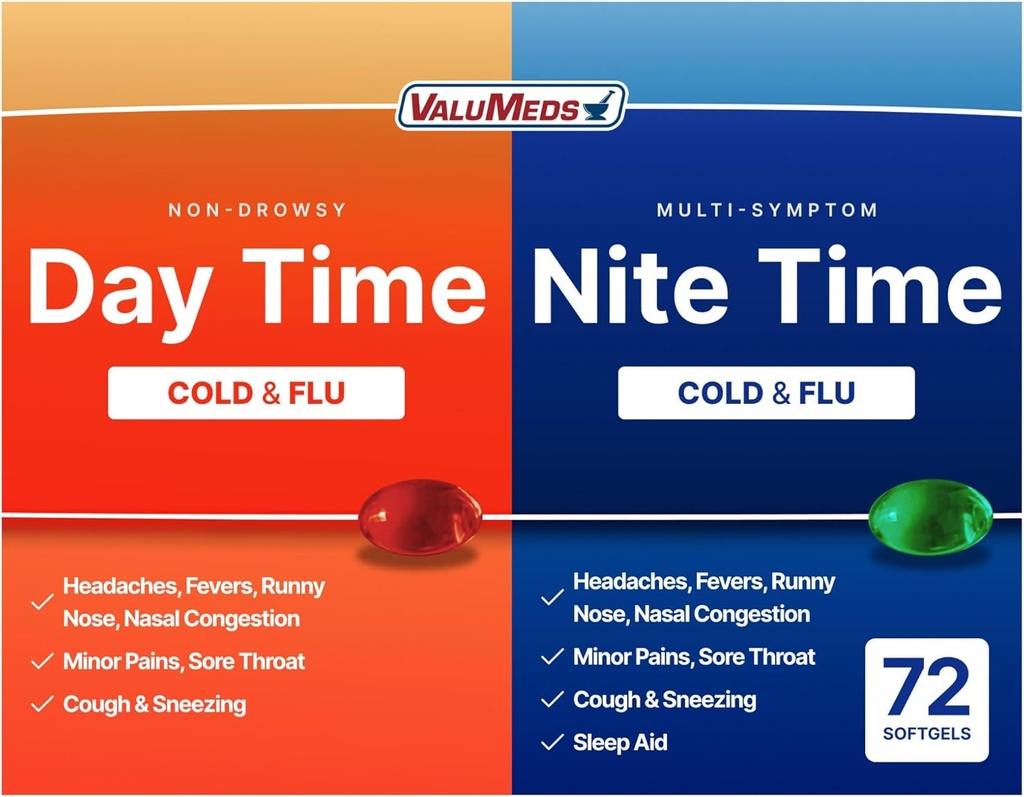 ValuMeds Cold & Flu Multi- Relief objawowy dla zatorów, ból głowy, ból gardła, Aches and Pains, Gorączka 124; Acetaminofen (Daytime & Nighttime, 72 Count)