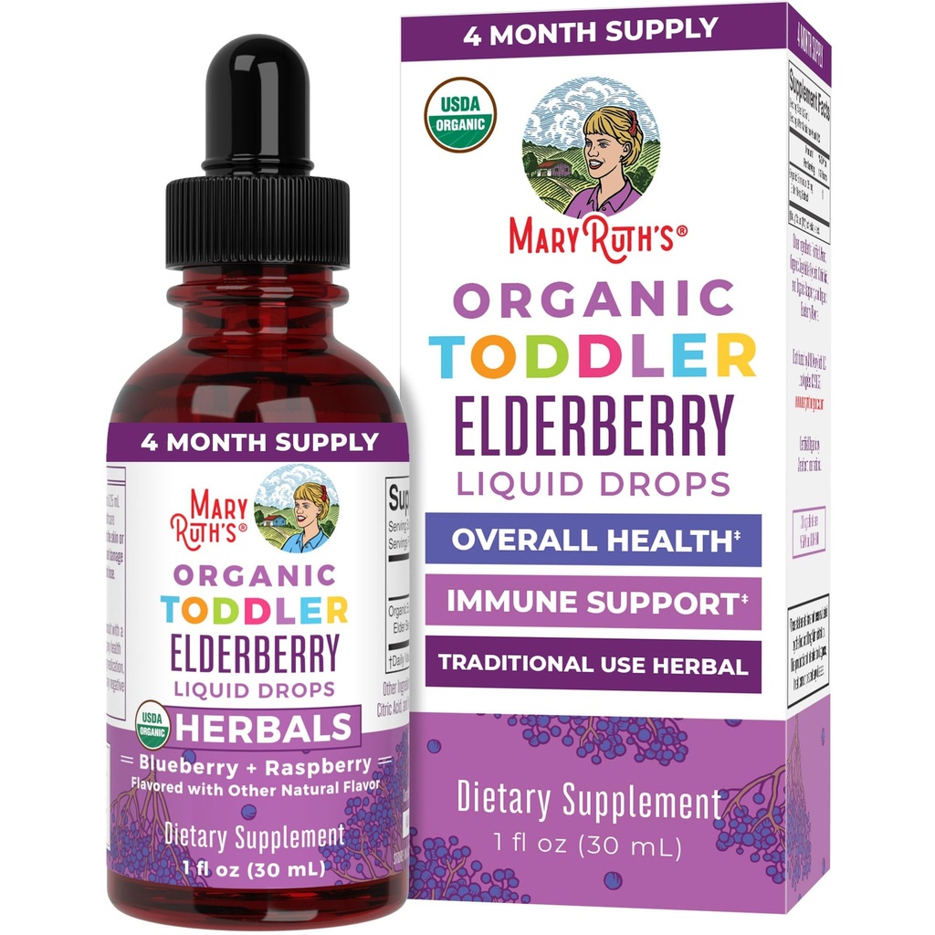 MaryRuth Organic Toddler Syrop Elderberry, USDA Organic Elderberry, Sugar Free Kids Immune Supplement for Ages 1-3 Years, Clean Label Project Verified ®, Wegan, Non-GMO, Gluten Free, 1 Fl Oz