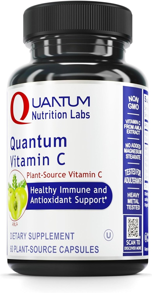 Quantum Nutrition Labs Quantum Witamina C - Organiczny Naturalny Suplement Witaminy C dla Kobiet i Mężczyzn, Całość żywności Witamina C Źródło, Czysty z bioflawonoidami i Amla, Pomoc immunologiczna - 60 Kapsułki wegańskie