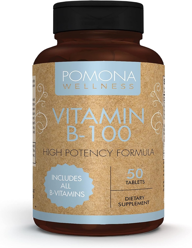 Pomona Wellness witamina B Kompleks Suplement z kwasem foliowym, Wysoka potencja Multivitamina, Wszystkie 10 Witaminy B Włączając B12, Wspiera poziomy energii, Heart Health, Non-GMO, 50 Tabletki