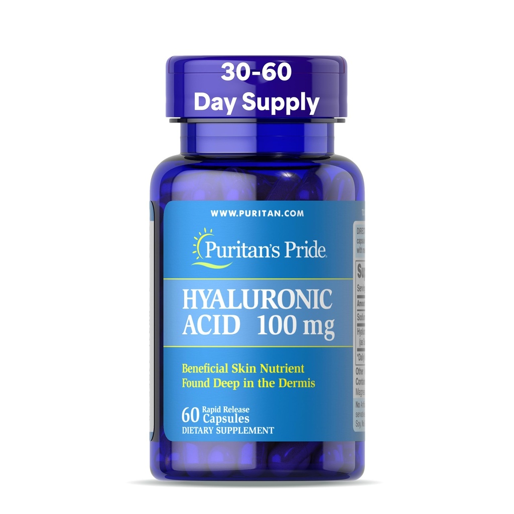 Puritans Pride Kwas hialuronowy 100mg, Suplement diety do nawadniania skóry, 60 Kapsułek szybkiego uwalniania