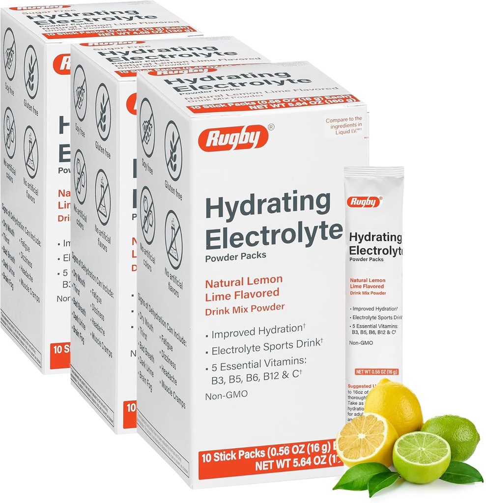 Rugby Hydrating Electrolyte Powder Packs - Drink Mix Powder Pakiety z 5 Witamin - Ulepszona Hydration - Natural Lemon- Lime Flavor - 10 Stick Packs - 0.56 Oz Każdy (3 Pack)