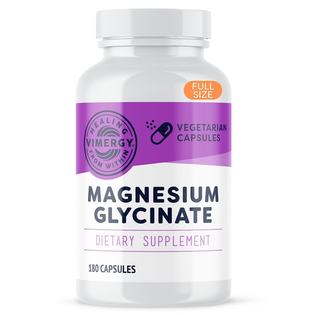 Vimergy Magnezu Glycinate - Wsparcie Stresu - Chelated to Avoid Tummy Upset * - Promotes Heart Health & Energy * - Kosher, Vegan Gluten- Free - 180 Czapki