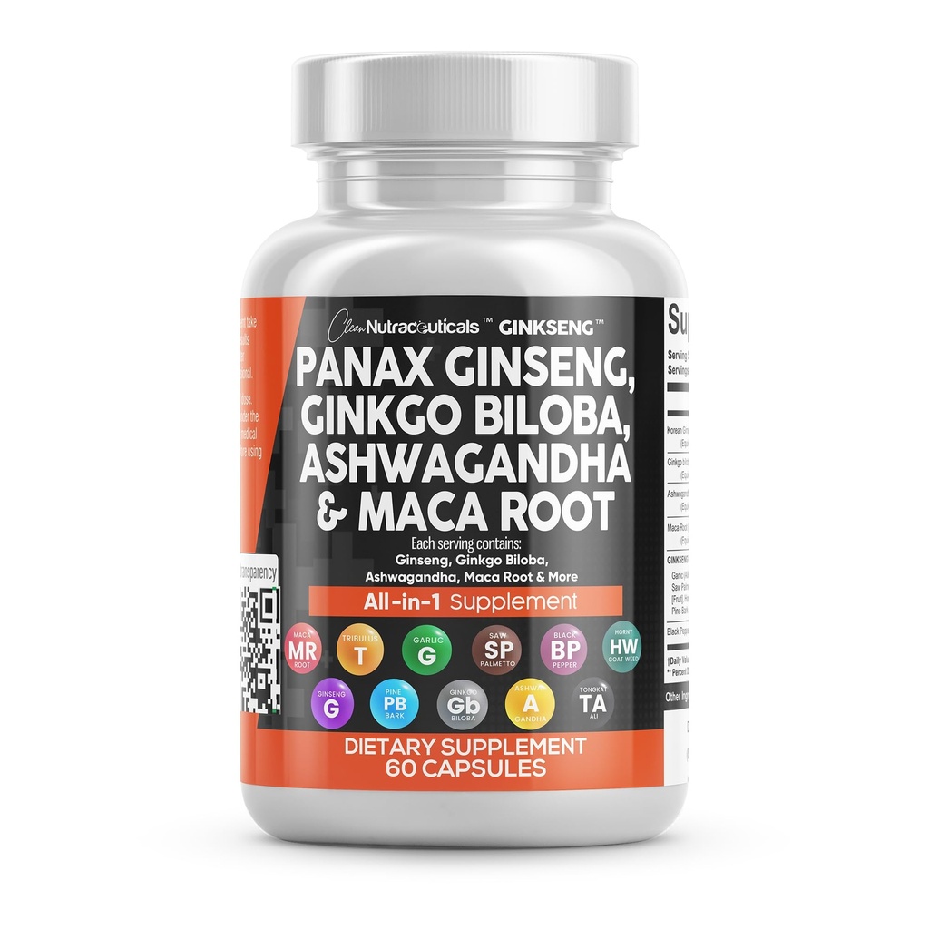 Czyste Nutraceuticals Panax Ginseng Ginkgo Biloba Ashwagandha Maca Root - Focus Supplement Pills for Women and Men with Pine Bark Extract, Czosnek i Saw Palmetto - 60 Caps