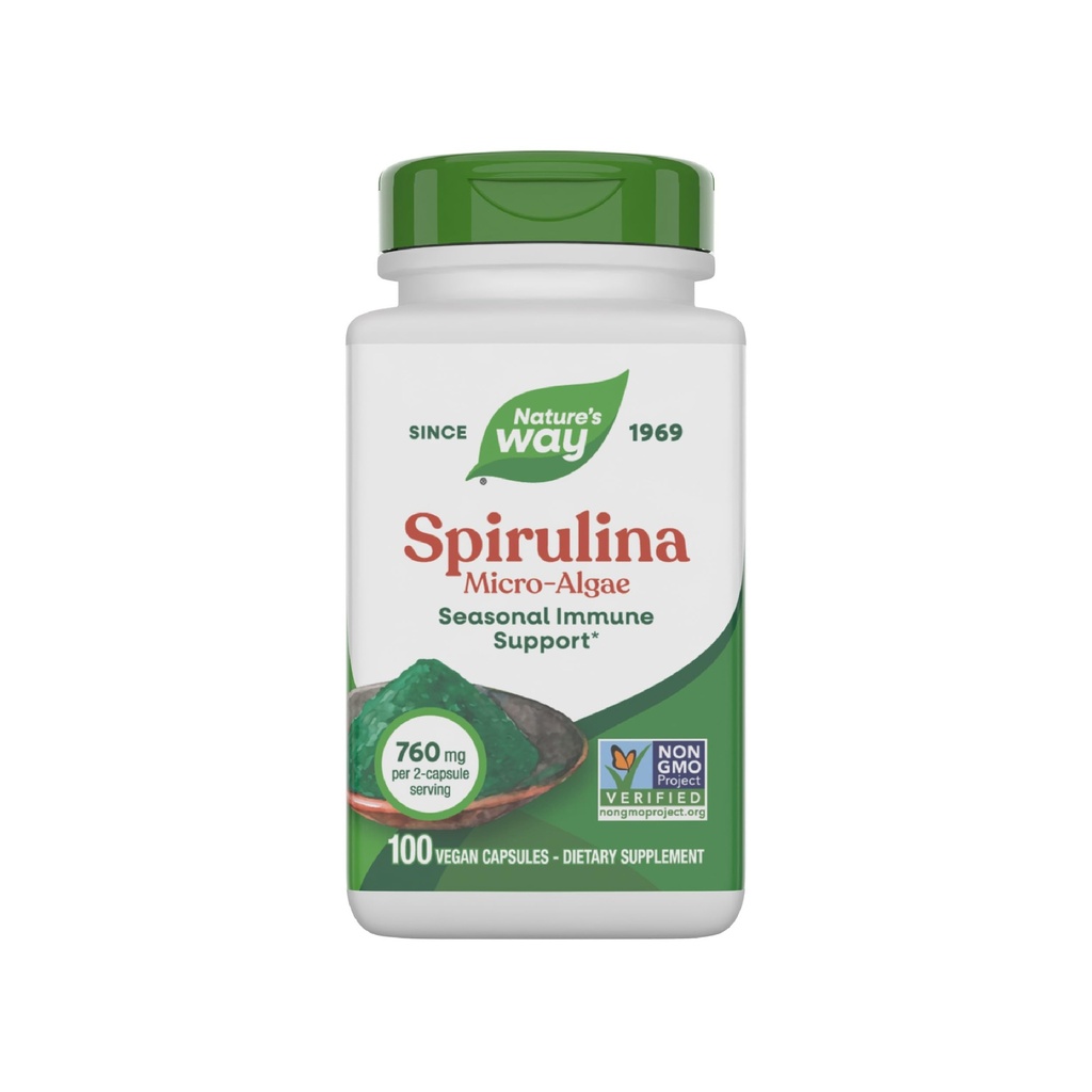 Nature 's Way Spirulina Micro- Algae, Sezonowe wsparcie immunologiczne *, Źródło witaminy A (Beta Karoten), 760 mg na jedną porcję, 100 Kapsułek wegańskich (Opakowania maja Vary)
