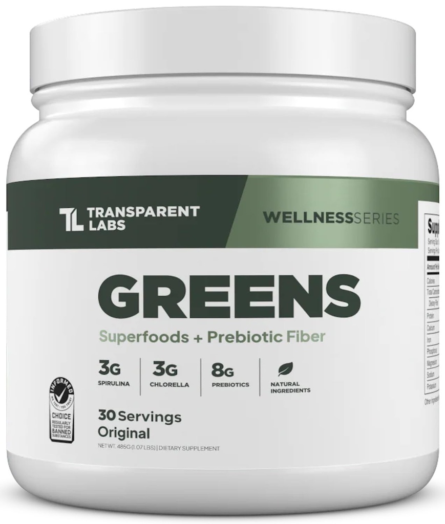 Przezroczyste Labs Prebiotyczne Zielone - Superfood Proszek i przeciwutleniacze Suplement z Spirulina organiczna, Chloerra, Acacia, & Zielony Banana Proszek - 30 Słupki, Unflavored